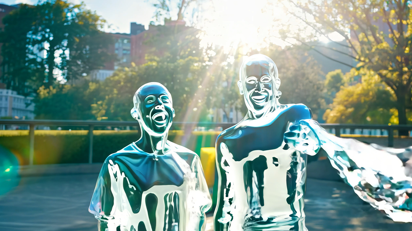 The image shows two human-shaped figures made of shiny, liquid-like metal or glass, laughing together outdoors in a sunny park or urban plaza. Bright sunlight shines from behind them, creating lens flares and a glowing, surreal atmosphere around the reflective, melting-looking bodies.
