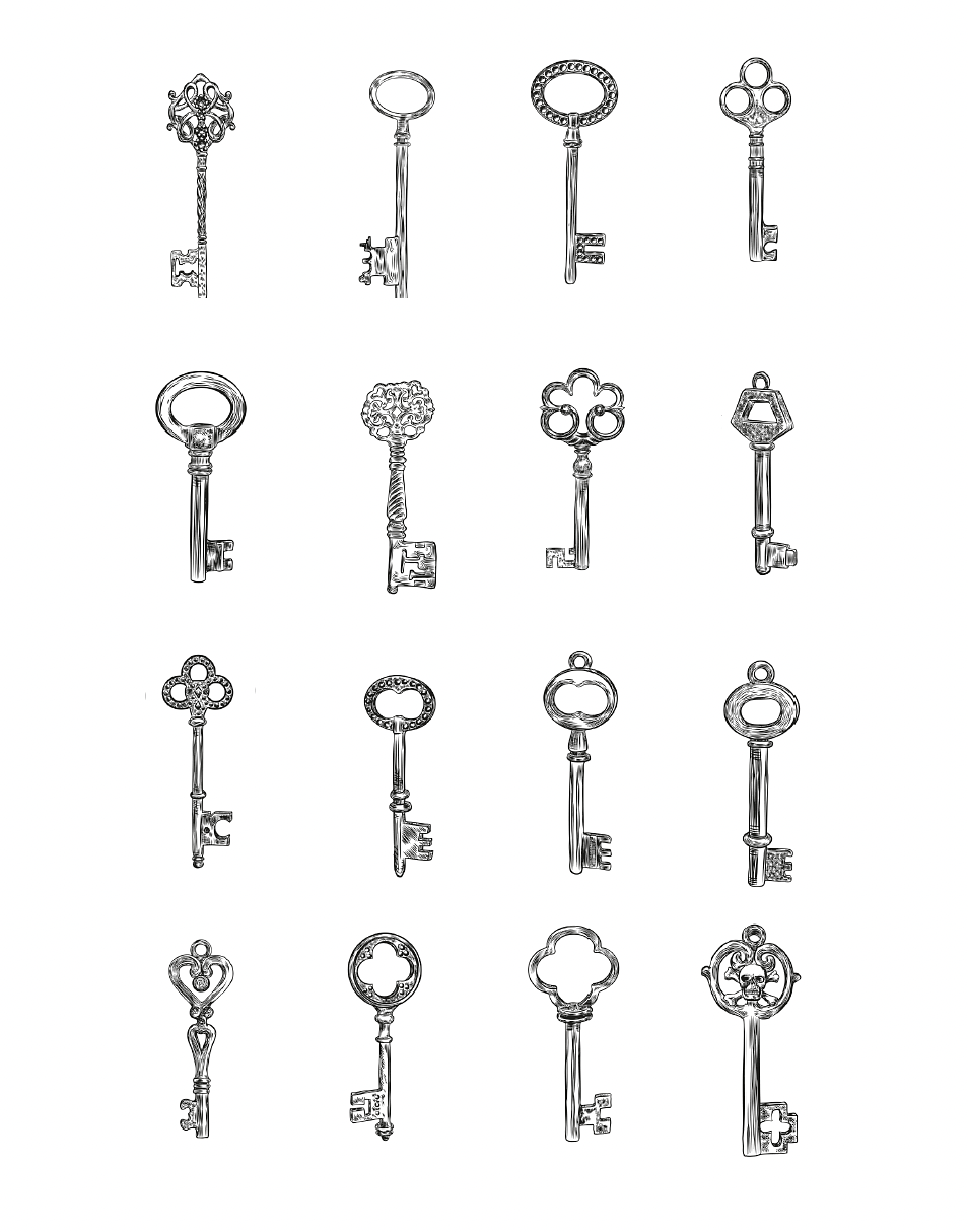 A white background with twelve vintage-style black-and-white keys arranged in a 3-by-4 grid, each with a different ornate bow and bit shape.