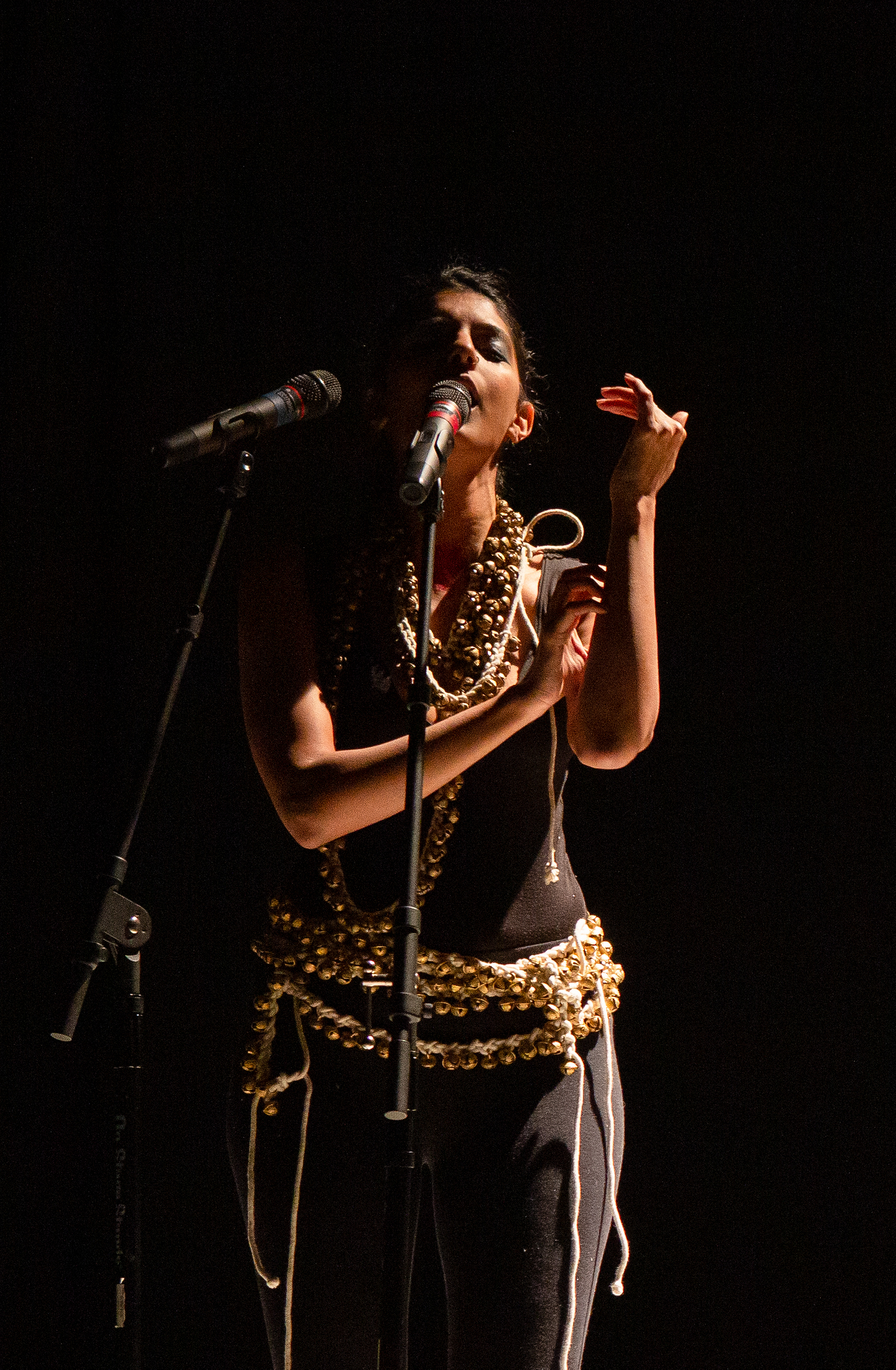 Samita Sinha sings into a microphone. She is wearing a black singlet and tights, and ropes of small bells around her neck and hips.