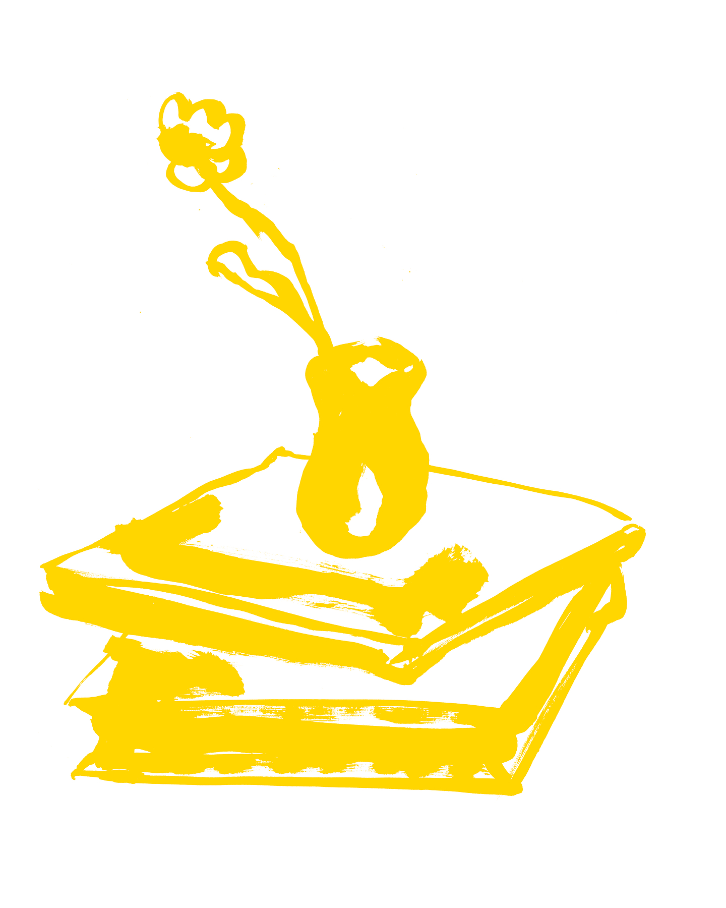 A hand-illustrated vase resting on a stack of books, rendered in yellow ink.