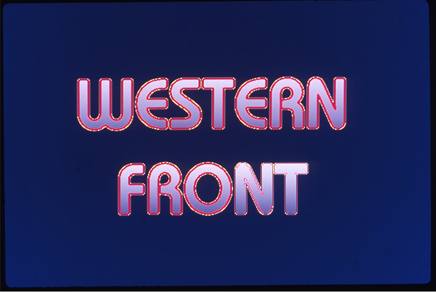 Purple type with red outlines that reads “Western Front” on a blue background.