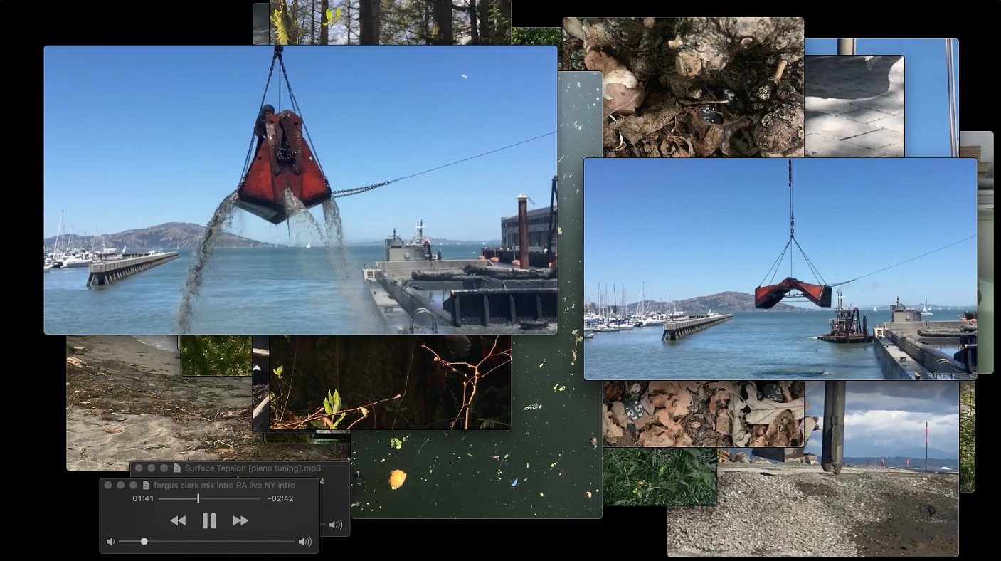 A digital collage of overlapping images and video stills featuring natural and industrial scenes. The central focus is on two stills of a mechanical claw dredging water near a marina, with water pouring out as it lifts debris. Surrounding these are images of forest floors, beach sand, leaves, a dock, a music player overlay, and fragments of other natural textures. The background shows a clear blue sky and bay with sailboats and distant hills visible.